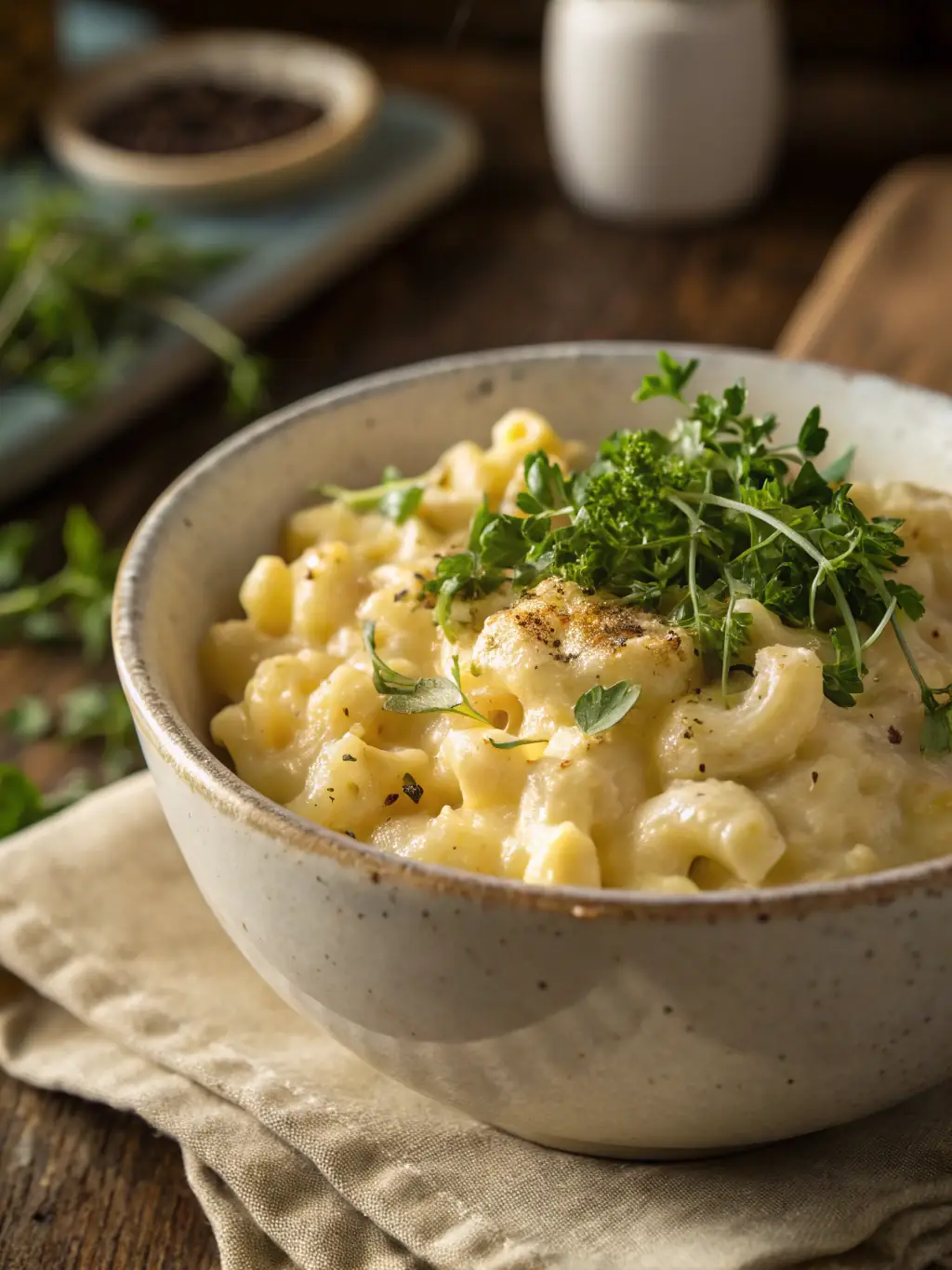 A visually appealing shot of Factory Floor's 'Mac & Cheese Madness, ' a creamy mac and cheese dish topped with crispy bacon bits, caramelized onions, and a drizzle of truffle oil, served in a cast-iron skillet on a textured metal surface.