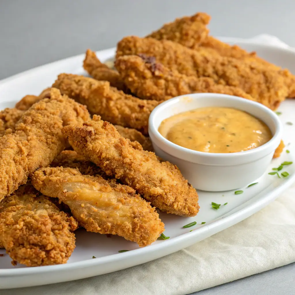 A plate of crispy fried chicken tenders with a side of creamy coleslaw and a tangy BBQ dipping sauce.