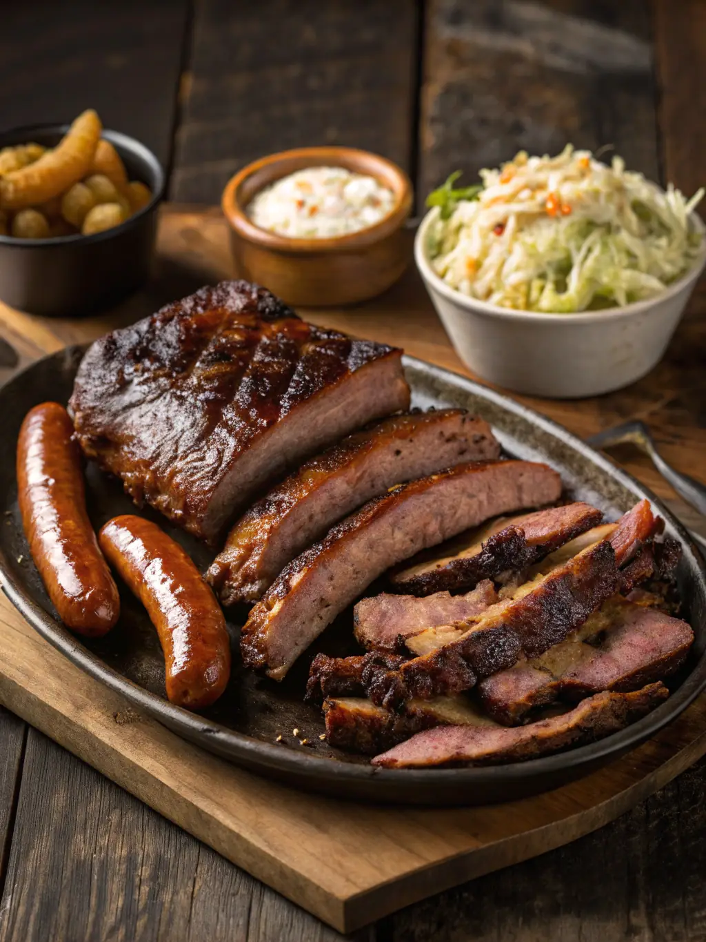 A rustic wooden board showcasing Factory Floor's 'BBQ Rib Platter, ' featuring slow-cooked ribs glazed with a tangy BBQ sauce, accompanied by coleslaw, cornbread, and pickles, presented in a dimly lit, industrial setting with exposed pipes and metal beams.