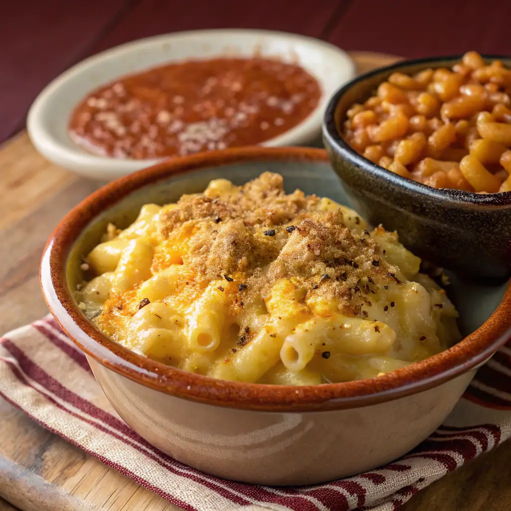 A bowl of creamy mac and cheese topped with crispy breadcrumbs and a sprinkle of parsley.